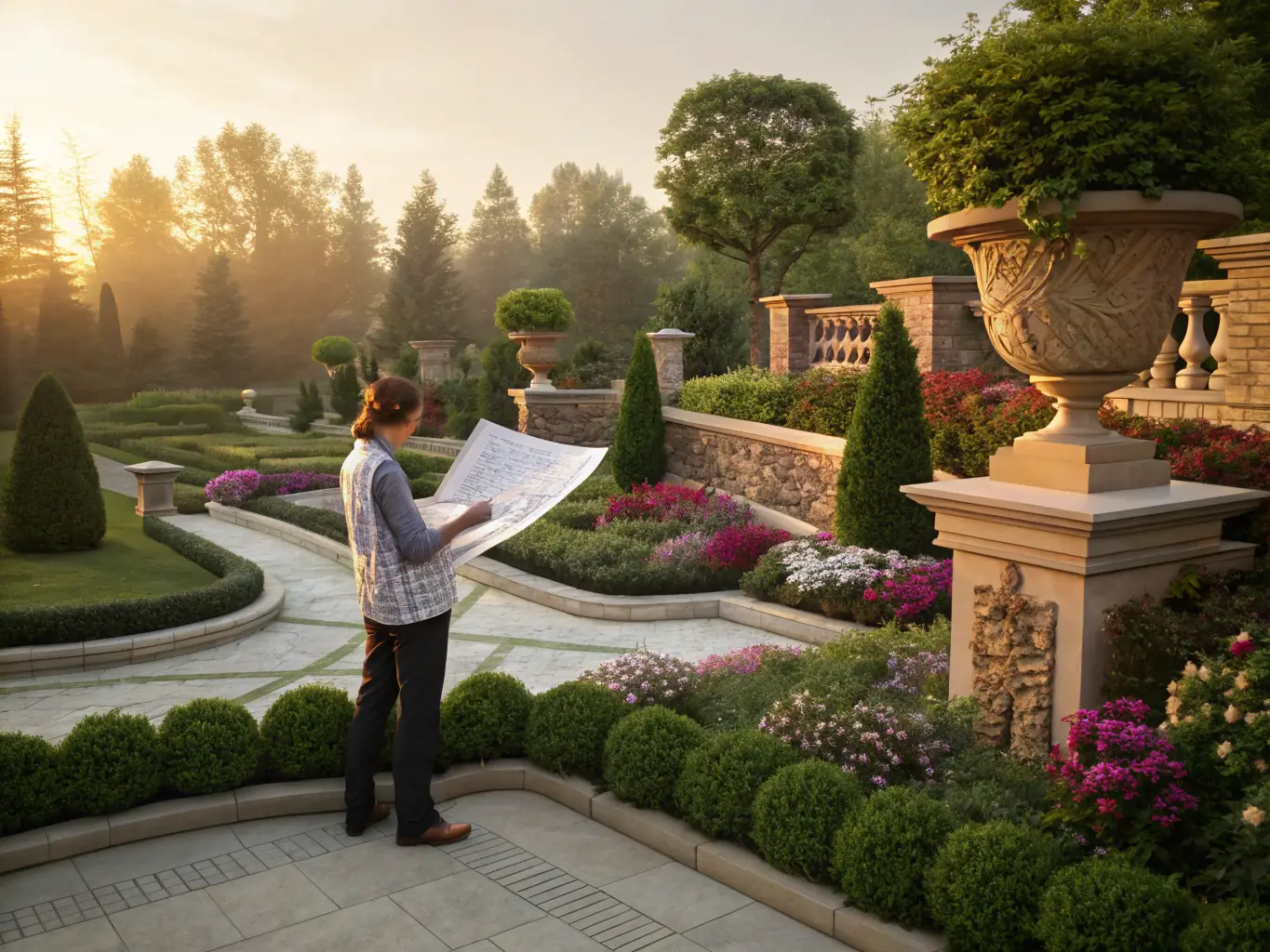 A designer presenting a landscape plan to clients, with a beautiful garden in the background, showcasing Flawsee Landscaping's design and installation service.
