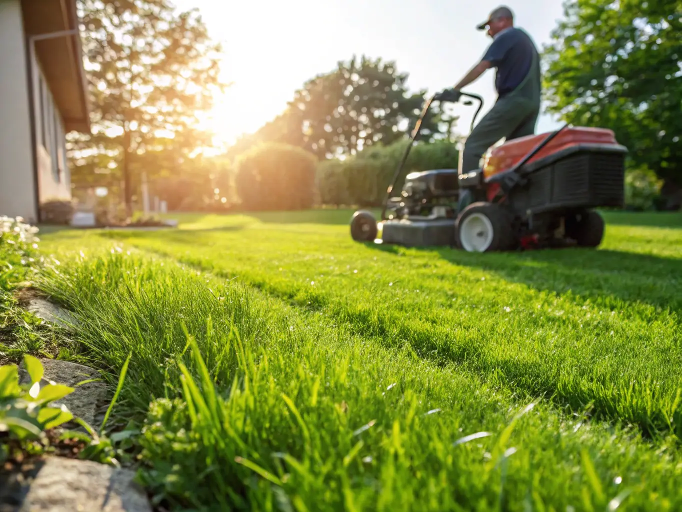 A well-manicured lawn with vibrant green grass, showing professional maintenance in action, highlighting Flawsee Landscaping's lawn care service.