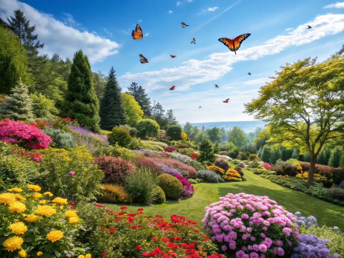 Colorful flower beds and neatly pruned shrubs in a well-maintained garden, illustrating Flawsee Landscaping's seasonal planting and garden care service.